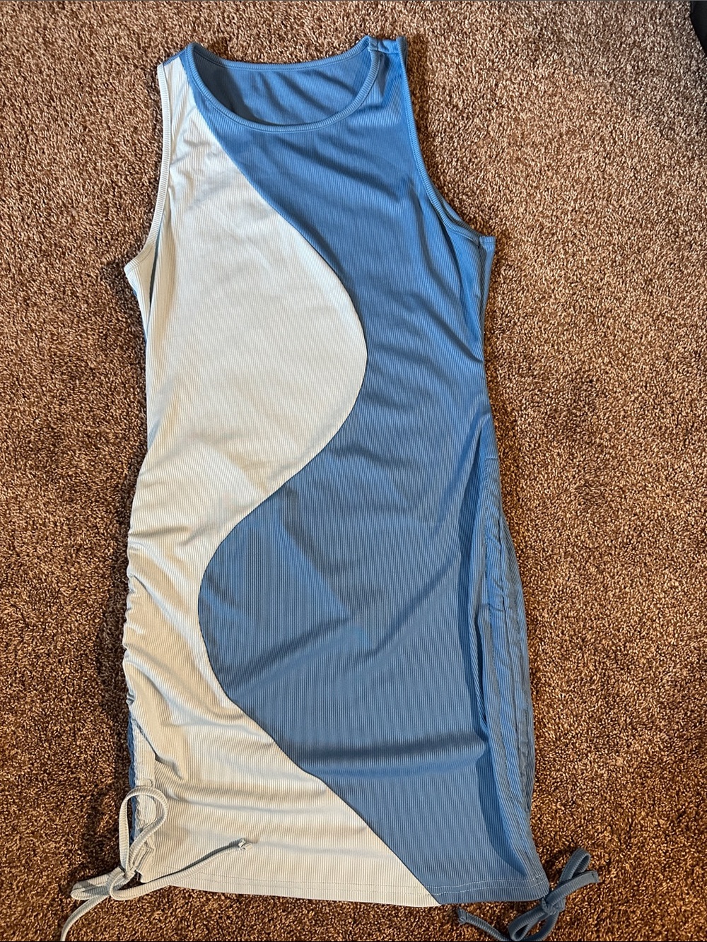 Women's Color Block Drawstring Ruched Ribbed Mini Tank Bodycon Dress Blue XL